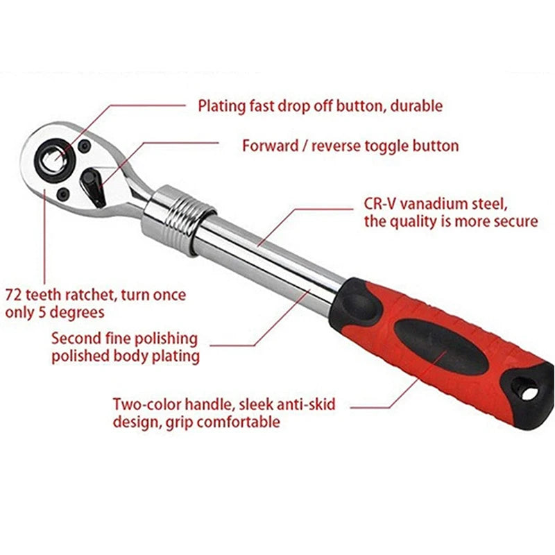 Flexible Ratchet Wrench 72T CR-V Quick Release Extendable Spanner 1/4 3/8 1/2 Inch